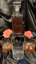 Load image into Gallery viewer, Custom Etched Whiskey / Scotch Decanter Set w/ 4 Glasses
