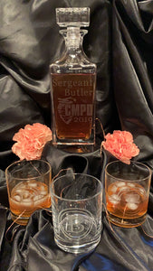 Custom Etched Whiskey / Scotch Decanter Set w/ 4 Glasses