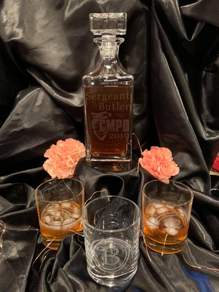 Custom Etched Whiskey / Scotch Decanter Set w/ 4 Glasses
